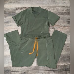 Figs Olive Green Scrub Set with Orange Drawstring